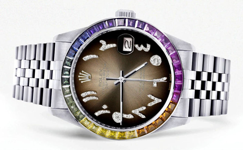 Diamond Gold Rolex Watch For Men 16200 | 36Mm | Rainbow Sapphire Bezel | Brown Arabic Numeral Dial | Jubilee Band