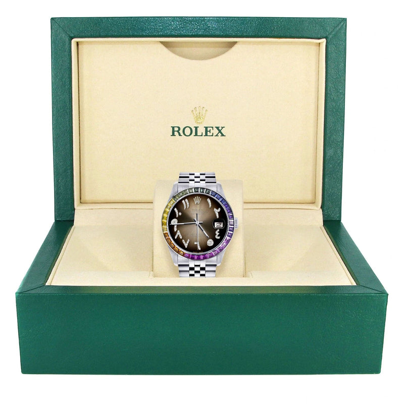 Diamond Gold Rolex Watch For Men 16200 | 36Mm | Rainbow Sapphire Bezel | Brown Arabic Numeral Dial | Jubilee Band