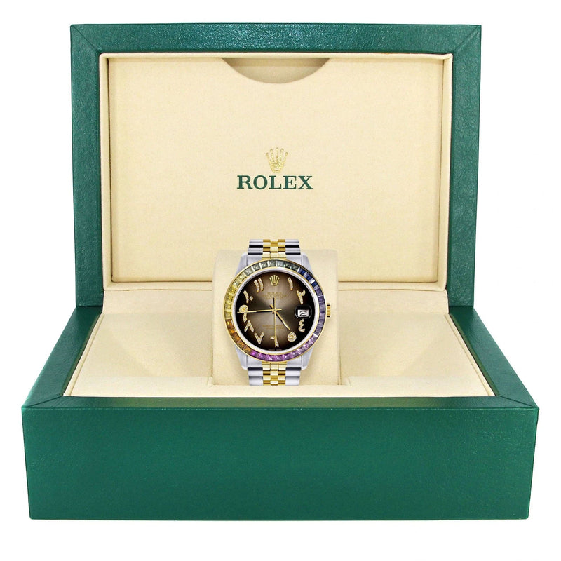 Diamond Gold Rolex Watch For Men 16233 | 36Mm | Rainbow Sapphire Bezel | Diamond Brown Arabic Numeral Dial | Jubilee Band
