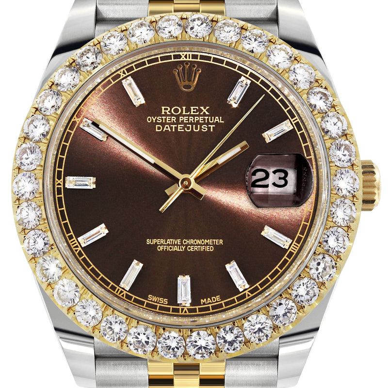 Rolex Datejust 41 Watch | 41 MM | 18K Yellow Gold & Stainless Steel | Custom Brown Baguette Diamond Dial | Jubilee Band