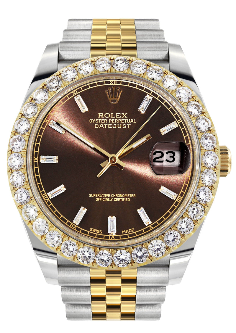 Rolex Datejust 41 Watch | 41 MM | 18K Yellow Gold & Stainless Steel | Custom Brown Baguette Diamond Dial | Jubilee Band