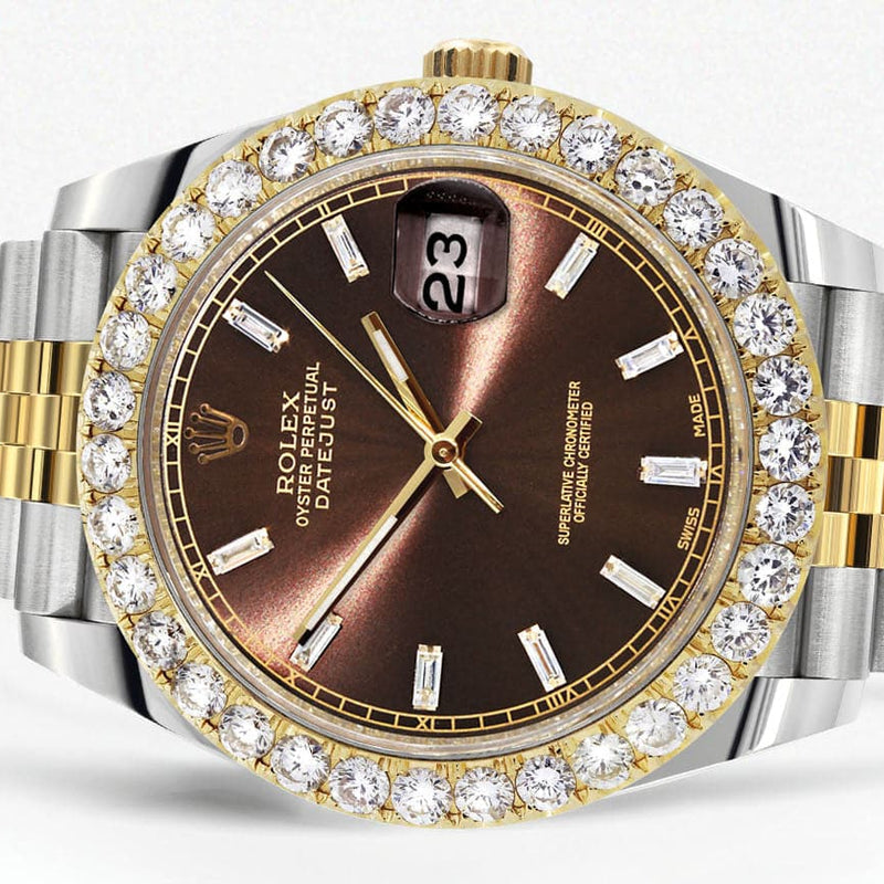 Rolex Datejust 41 Watch | 41 MM | 18K Yellow Gold & Stainless Steel | Custom Brown Baguette Diamond Dial | Jubilee Band