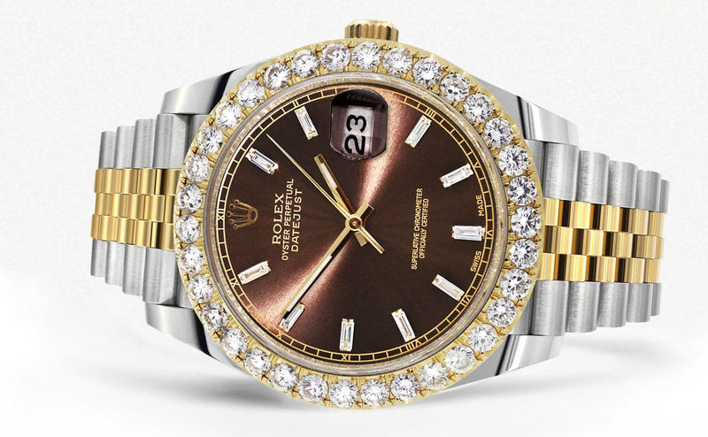 Rolex Datejust 41 Watch | 41 MM | 18K Yellow Gold & Stainless Steel | Custom Brown Baguette Diamond Dial | Jubilee Band