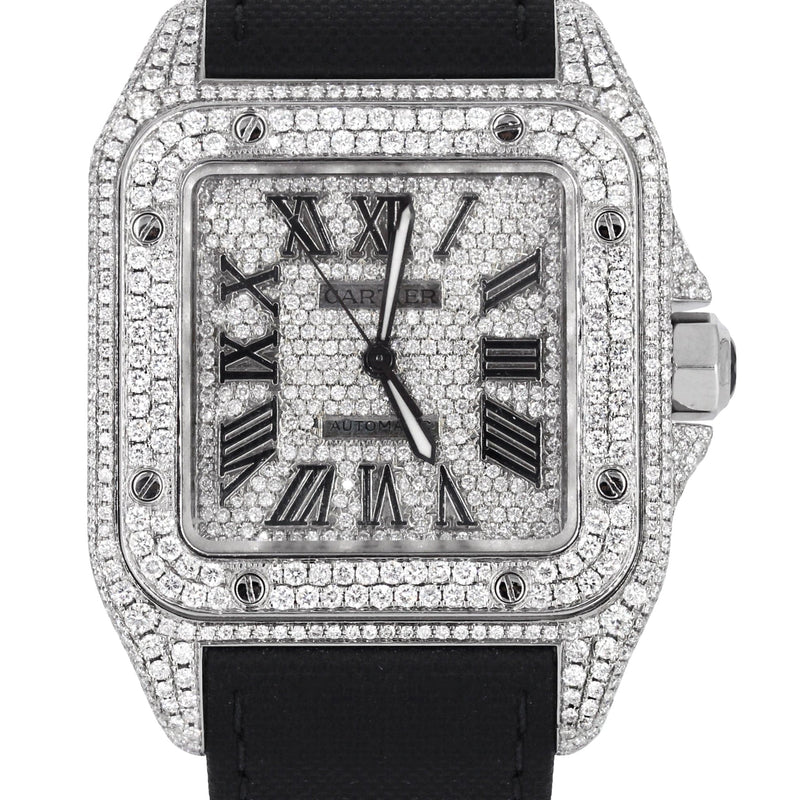 Diamond Cartier Santos 100 | Diamond Roman Dial | Diamond Case | Stainless Steel