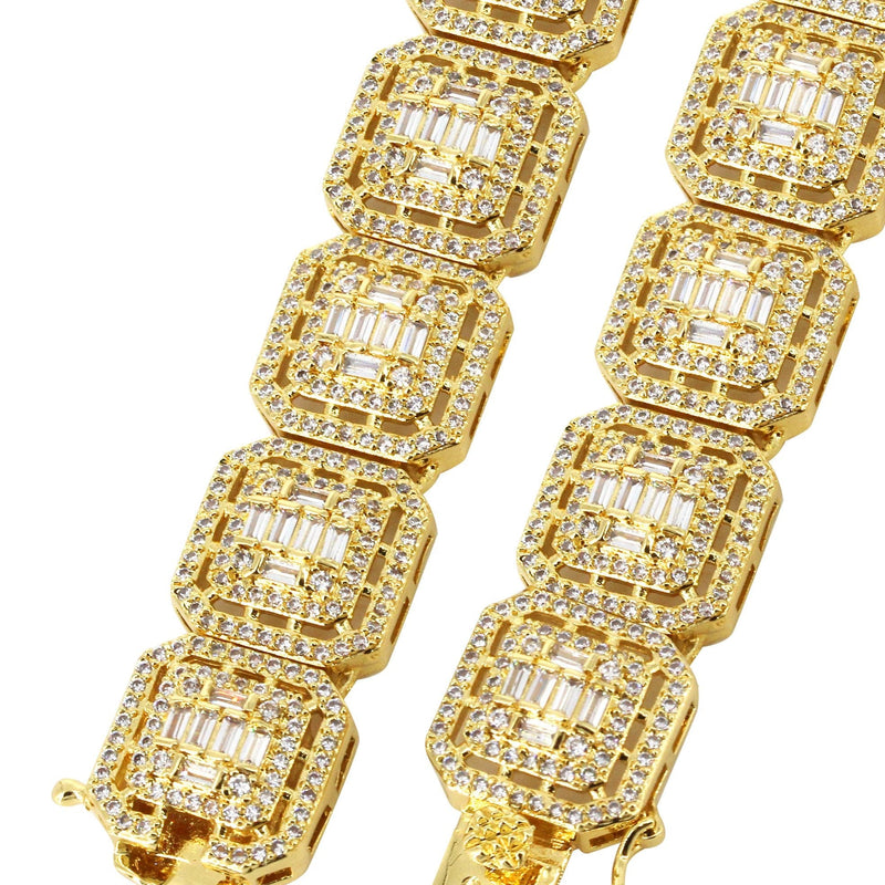 Gold Plated Iced Out Square Cluster Tennis Chain