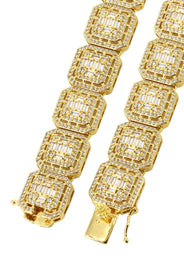 Gold Plated Iced Out Square Cluster Tennis Chain