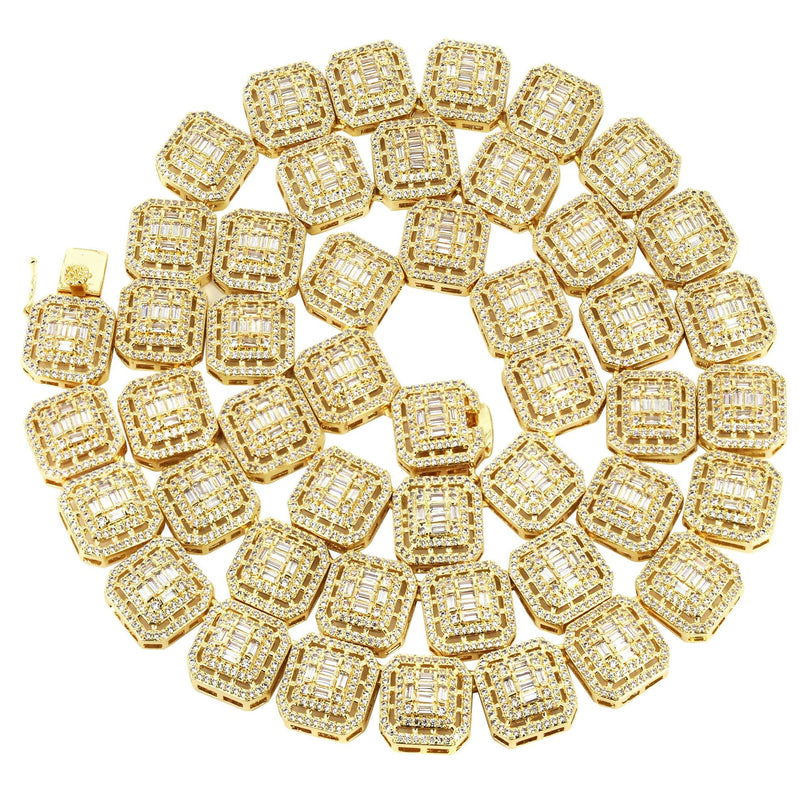 Gold Plated Iced Out Square Cluster Tennis Chain