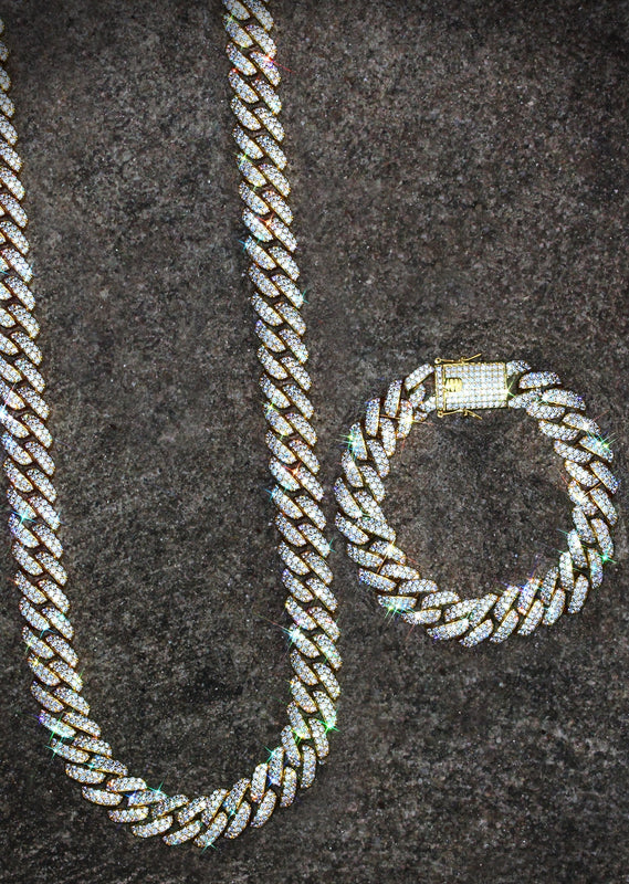 Yellow Gold Plated Iced Out Miami Cuban Link Chain & Bracelet
