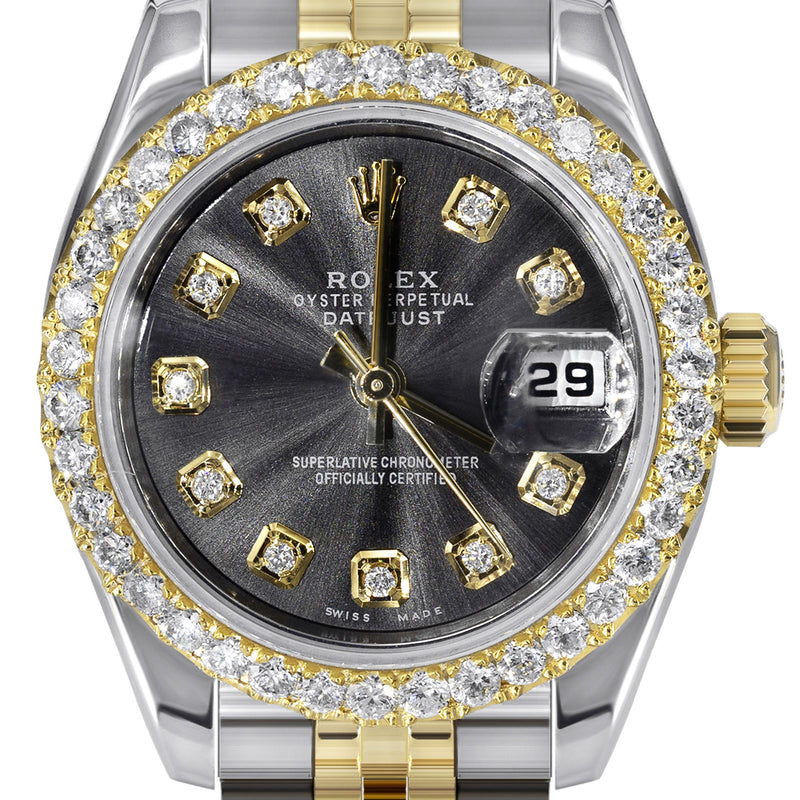 Womens Diamond Gold Hidden Clasp Rolex Watch | 1 Carat Bezel | 26Mm | Black Metallic Dial | Jubilee Band | Model 179173