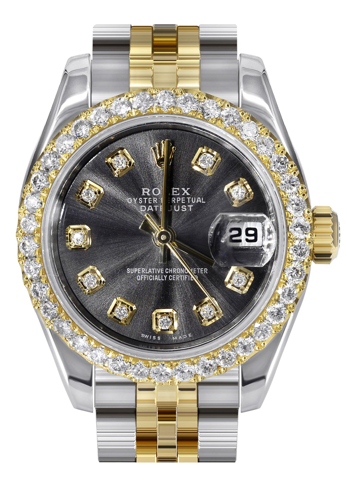 Womens Diamond Gold Hidden Clasp Rolex Watch | 1 Carat Bezel | 26Mm | Black Metallic Dial | Jubilee Band | Model 179173