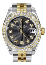 Womens Diamond Gold Hidden Clasp Rolex Watch | 1 Carat Bezel | 26Mm | Black Metallic Dial | Jubilee Band | Model 179173
