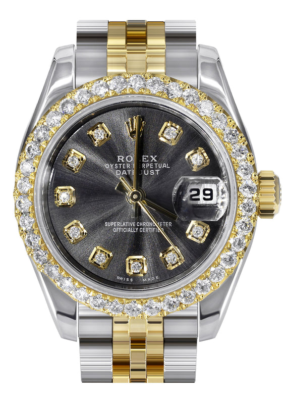 Womens Diamond Gold Hidden Clasp Rolex Watch | 1 Carat Bezel | 26Mm | Black Metallic Dial | Jubilee Band | Model 179173