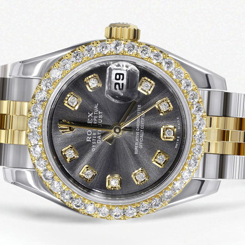 Womens Diamond Gold Hidden Clasp Rolex Watch | 1 Carat Bezel | 26Mm | Black Metallic Dial | Jubilee Band | Model 179173