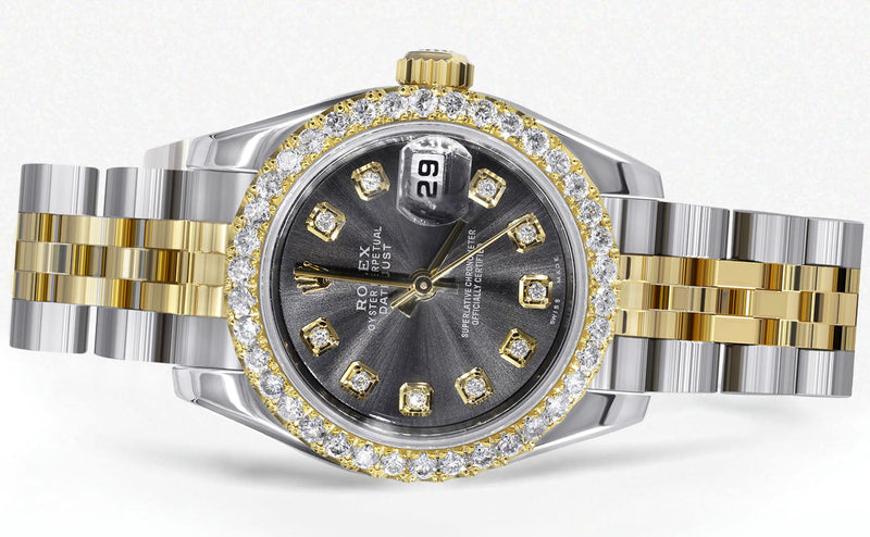 Womens Diamond Gold Hidden Clasp Rolex Watch | 1 Carat Bezel | 26Mm | Black Metallic Dial | Jubilee Band | Model 179173