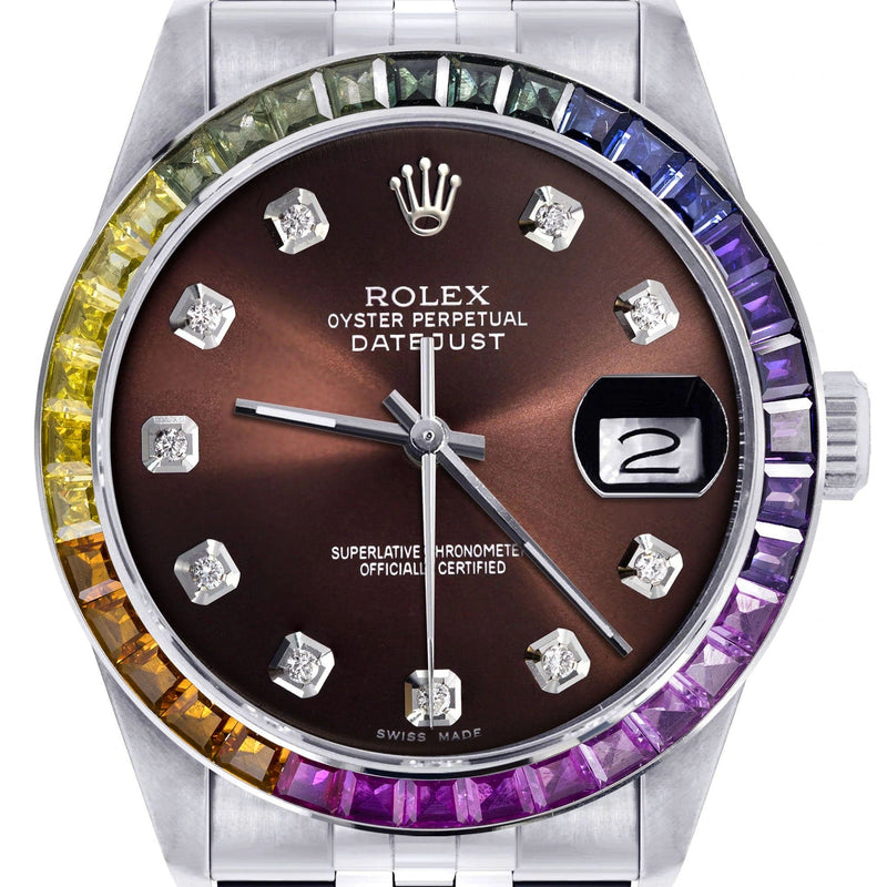 Diamond Gold Rolex Watch For Men 16200 | 36Mm | Rainbow Sapphire Bezel | Chocolate Dial | Jubilee Band