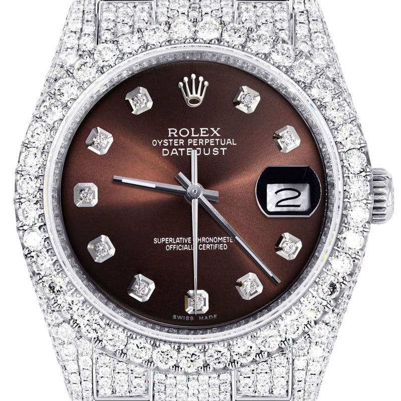 Iced Out Rolex Datejust 36 MM | Stainless Steel | 16.5 Carats of Diamonds | Chocolate Diamond Dial | Oyster Band | Model 116200