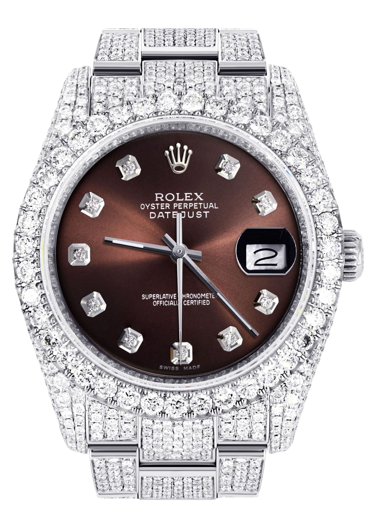 Iced Out Rolex Datejust 36 MM | Stainless Steel | 16.5 Carats of Diamonds | Chocolate Diamond Dial | Oyster Band | Model 116200