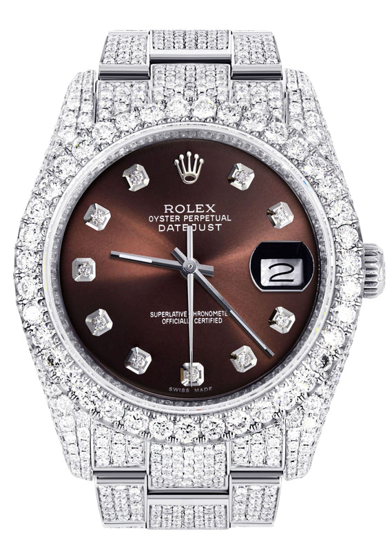Iced Out Rolex Datejust 36 MM | Stainless Steel | 16.5 Carats of Diamonds | Chocolate Diamond Dial | Oyster Band | Model 116200