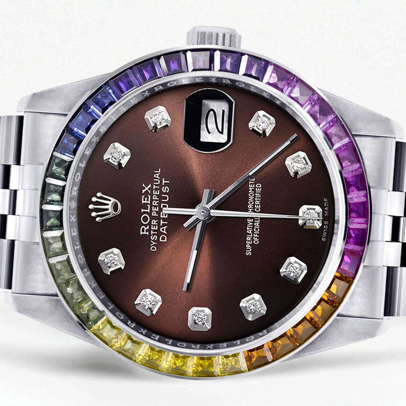 Diamond Gold Rolex Watch For Men 16200 | 36Mm | Rainbow Sapphire Bezel | Chocolate Dial | Jubilee Band