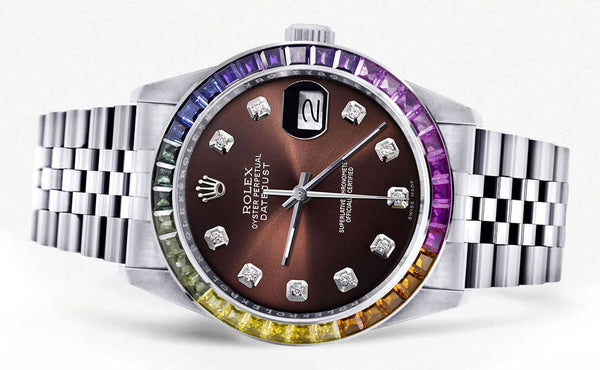 Diamond Gold Rolex Watch For Men 16200 | 36Mm | Rainbow Sapphire Bezel | Chocolate Dial | Jubilee Band