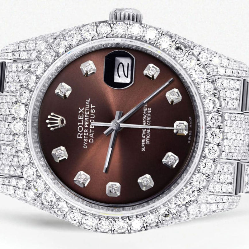 Iced Out Rolex Datejust 36 MM | Stainless Steel | 16.5 Carats of Diamonds | Chocolate Diamond Dial | Oyster Band | Model 116200