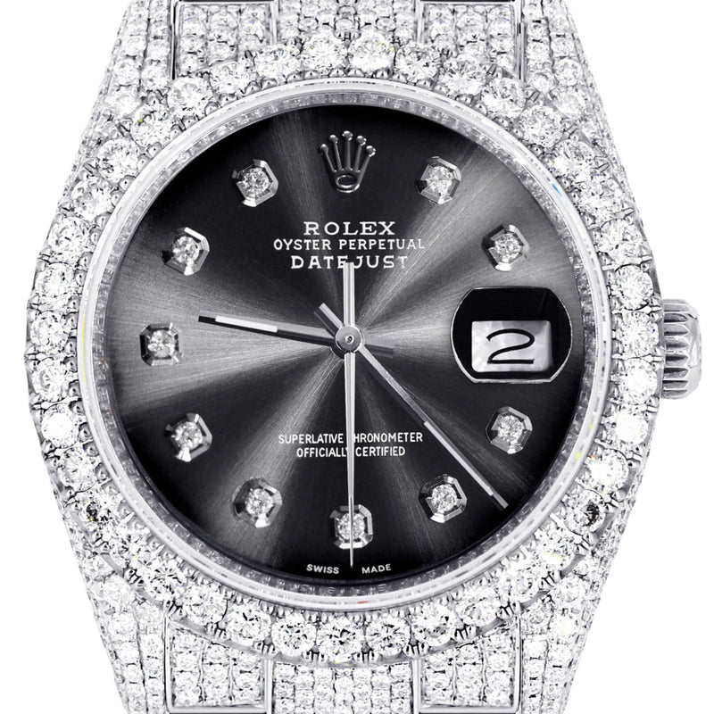 Iced Out Rolex Datejust 36 MM | Stainless Steel | 16.5 Carats of Diamonds | Jet Black Diamond Dial | Oyster Band | Model 116200