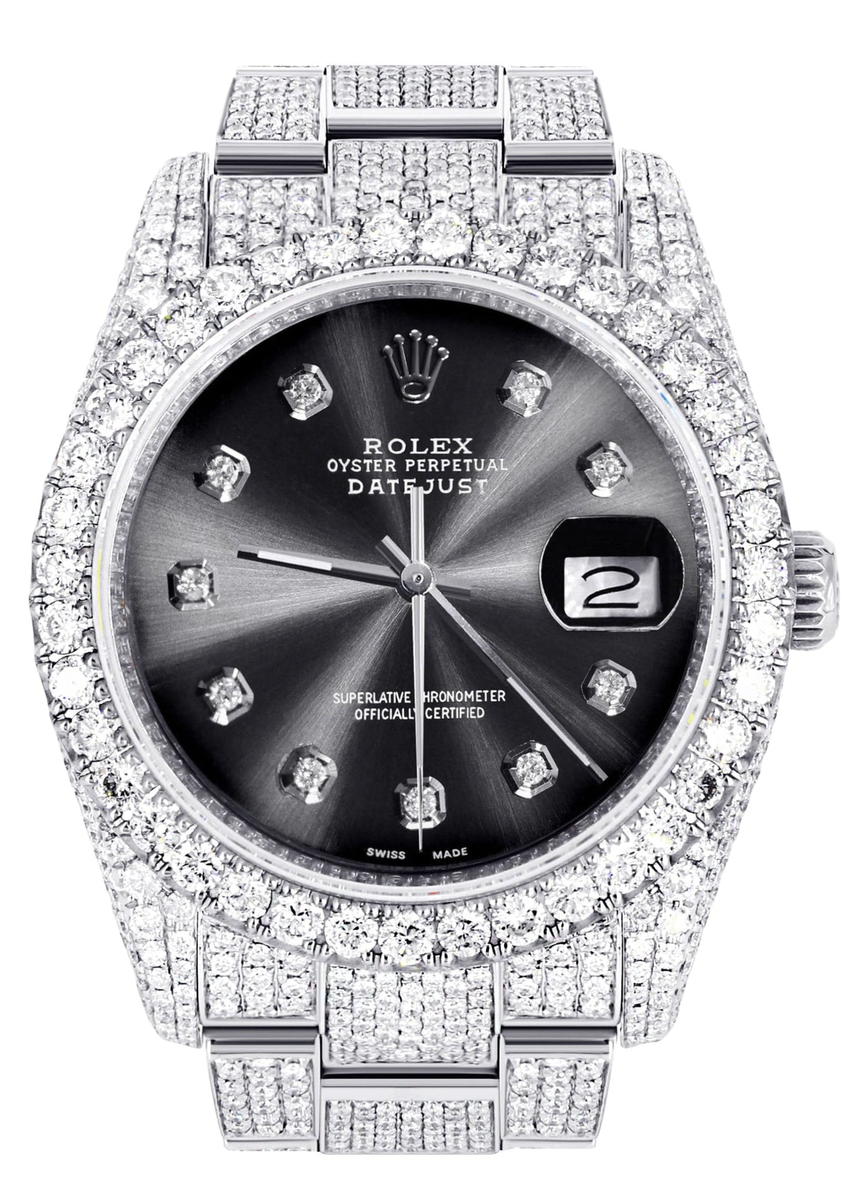 Iced Out Rolex Datejust 36 MM | Stainless Steel | 16.5 Carats of Diamonds | Jet Black Diamond Dial | Oyster Band | Model 116200