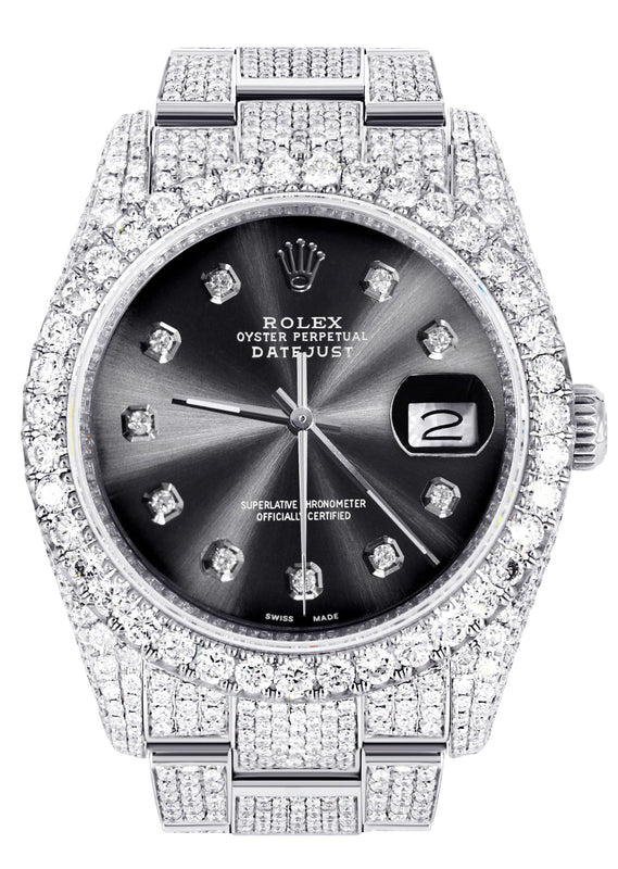 Iced Out Rolex Datejust 36 MM | Stainless Steel | 16.5 Carats of Diamonds | Jet Black Diamond Dial | Oyster Band | Model 116200
