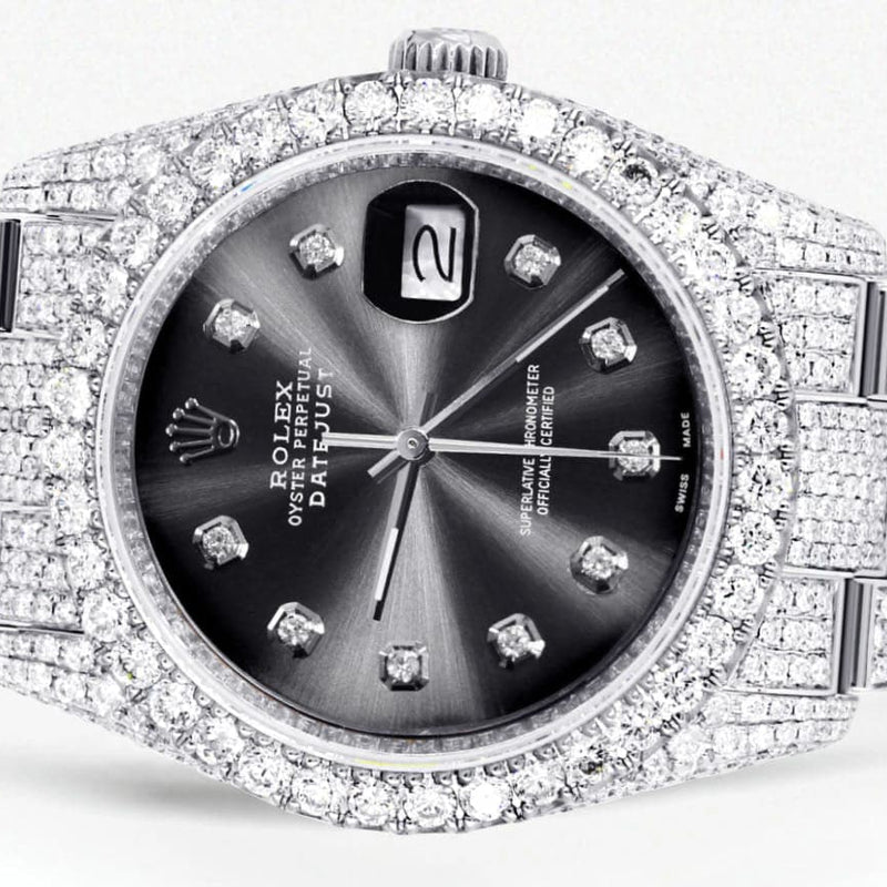 Iced Out Rolex Datejust 36 MM | Stainless Steel | 16.5 Carats of Diamonds | Jet Black Diamond Dial | Oyster Band | Model 116200
