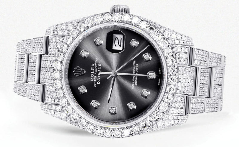 Iced Out Rolex Datejust 36 MM | Stainless Steel | 16.5 Carats of Diamonds | Jet Black Diamond Dial | Oyster Band | Model 116200