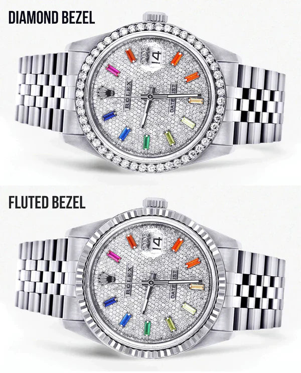 Diamond Rolex Datejust Watch 16200 | 36MM | Diamond Color Baguettes Dial | Stainless Steel | Jubilee Band