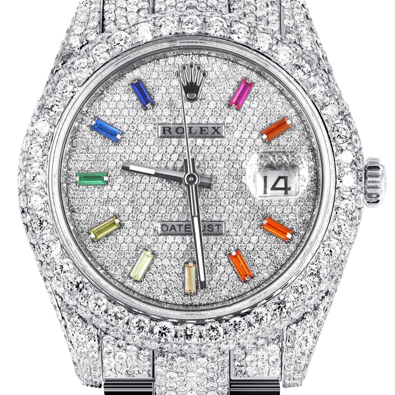 Diamond Iced Out Rolex Datejust 41 | 25 Carats Of Diamonds | Custom Color Baguettes Dial | Two Row | Oyster Band