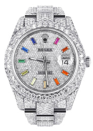 Womens Diamond Iced Out Rolex Datejust 41 | 25 Carats Of Diamonds | Custom Color Baguettes Dial | Two Row | Oyster Band