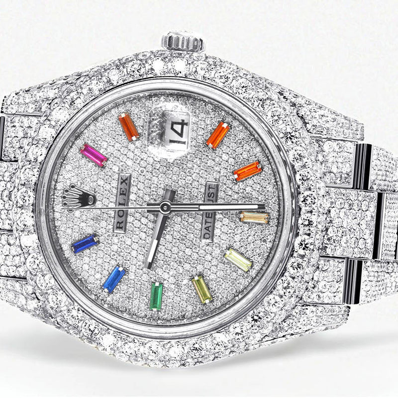 Womens Diamond Iced Out Rolex Datejust 41 | 25 Carats Of Diamonds | Custom Color Baguettes Dial | Two Row | Oyster Band
