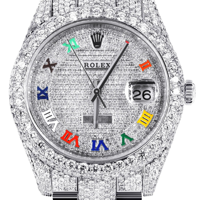 Womens Diamond Iced Out Rolex Datejust 41 | 25 Carats Of Diamonds | Custom Color Roman Dial | Two Row | Oyster Band