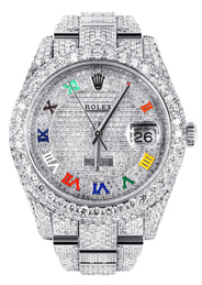 Womens Diamond Iced Out Rolex Datejust 41 | 25 Carats Of Diamonds | Custom Color Roman Dial | Two Row | Oyster Band