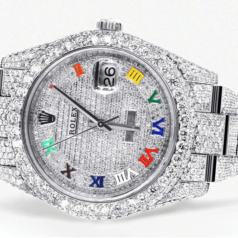 Womens Diamond Iced Out Rolex Datejust 41 | 25 Carats Of Diamonds | Custom Color Roman Dial | Two Row | Oyster Band
