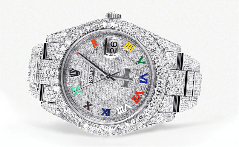 Womens Diamond Iced Out Rolex Datejust 41 | 25 Carats Of Diamonds | Custom Color Roman Dial | Two Row | Oyster Band