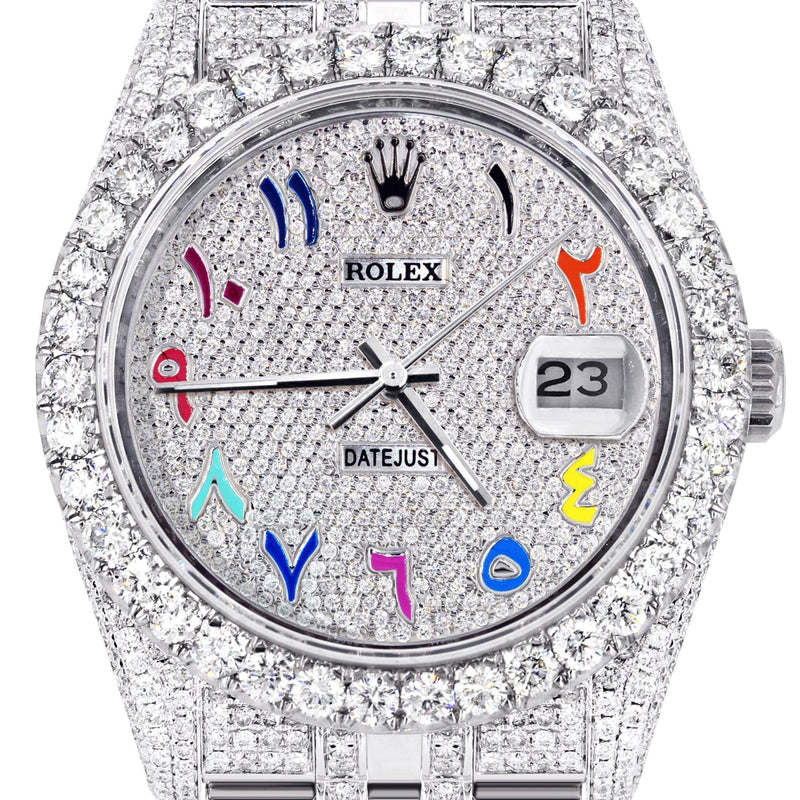 Iced Out Rolex Datejust 36 MM | Stainless Steel | 20 Carats of Diamonds | Full Diamond Color Arabic Diamond Dial | Jubilee Band