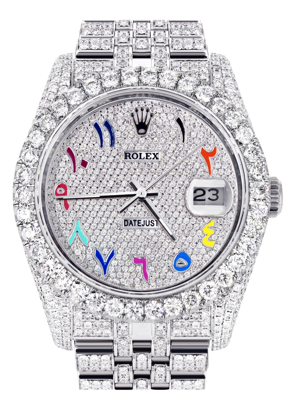 Iced Out Rolex Datejust 36 MM | Stainless Steel | 20 Carats of Diamonds | Full Diamond Color Arabic Diamond Dial | Jubilee Band