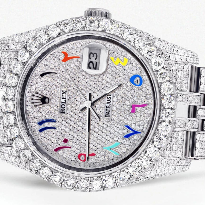 Iced Out Rolex Datejust 36 MM | Stainless Steel | 20 Carats of Diamonds | Full Diamond Color Arabic Diamond Dial | Jubilee Band