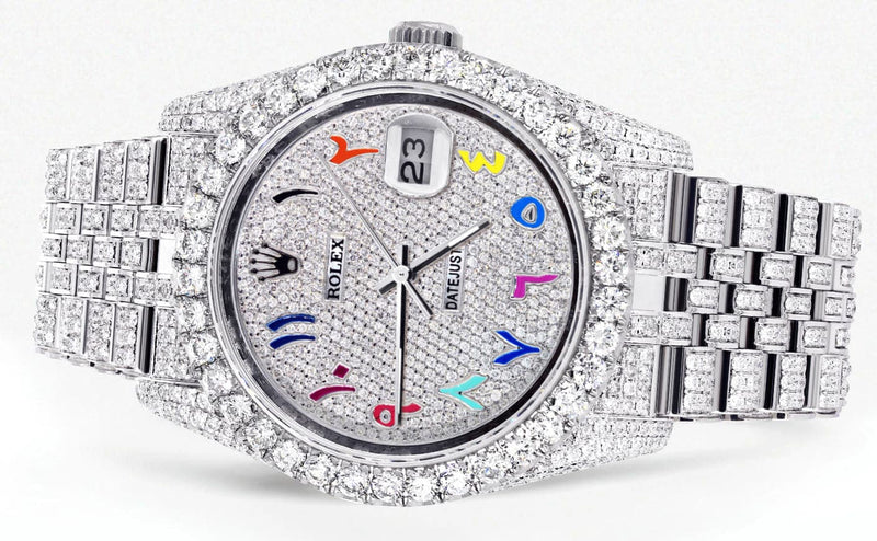 Iced Out Rolex Datejust 36 MM | Stainless Steel | 20 Carats of Diamonds | Full Diamond Color Arabic Diamond Dial | Jubilee Band
