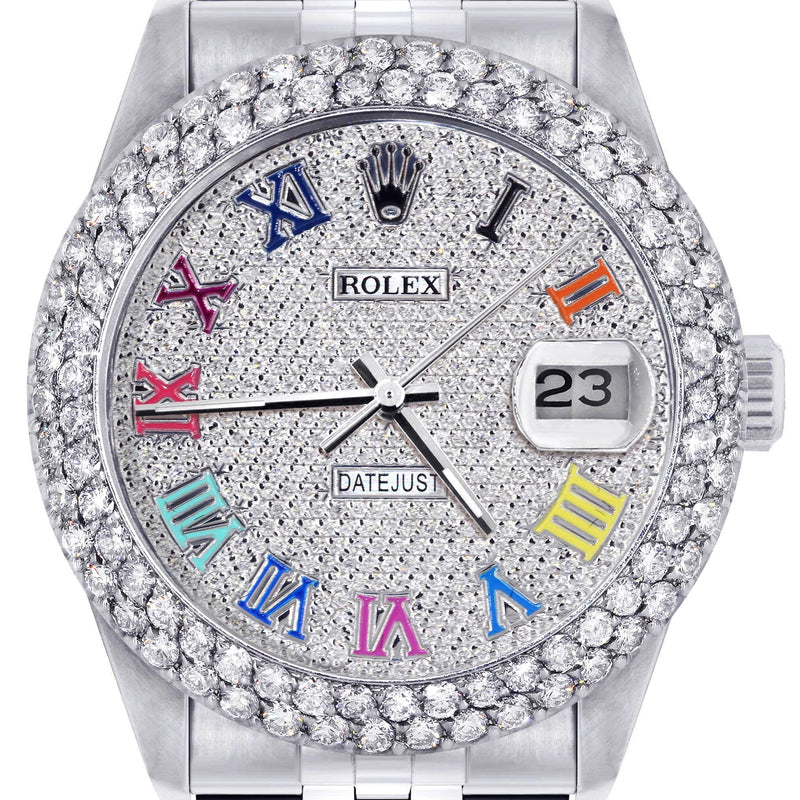 Mens Rolex Datejust Watch 16200 | 36Mm | Full Diamond Color Roman Numeral Dial | Two Row 4.25 Carat Bezel | Jubilee Band