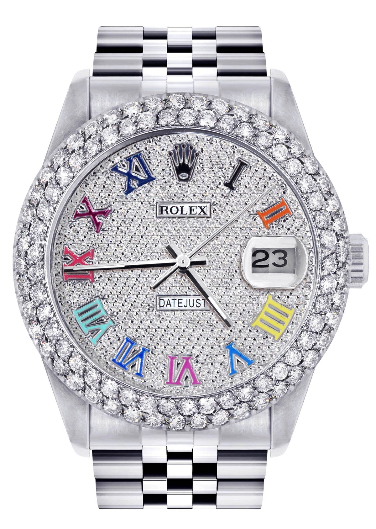 Mens Rolex Datejust Watch 16200 | 36Mm | Full Diamond Color Roman Numeral Dial | Two Row 4.25 Carat Bezel | Jubilee Band