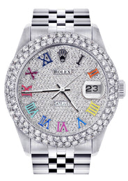 Mens Rolex Datejust Watch 16200 | 36Mm | Full Diamond Color Roman Numeral Dial | Two Row 4.25 Carat Bezel | Jubilee Band
