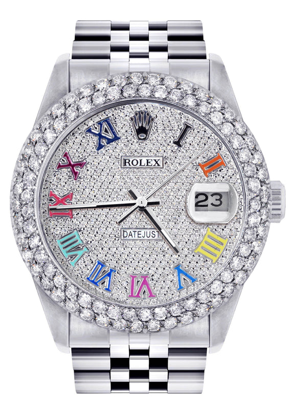 Womens Rolex Datejust Watch 16200 | 36Mm | Full Diamond Color Roman Numeral Dial | Two Row 4.25 Carat Bezel | Jubilee Band