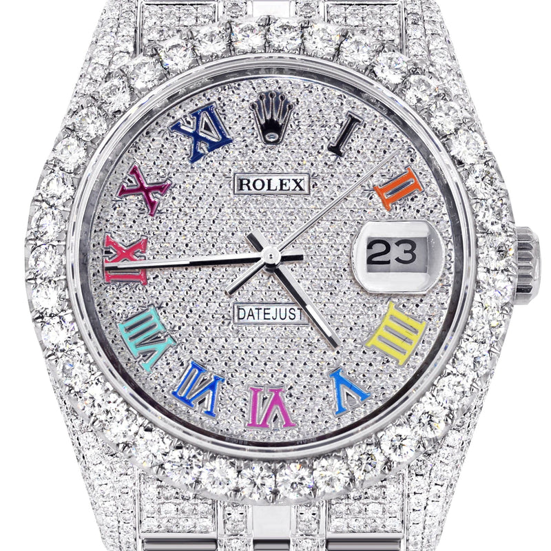 Iced Out Rolex Datejust 36 MM | Stainless Steel | 16.5 Carats of Diamonds | Full Diamond Color Roman Diamond Dial | Jubilee Band