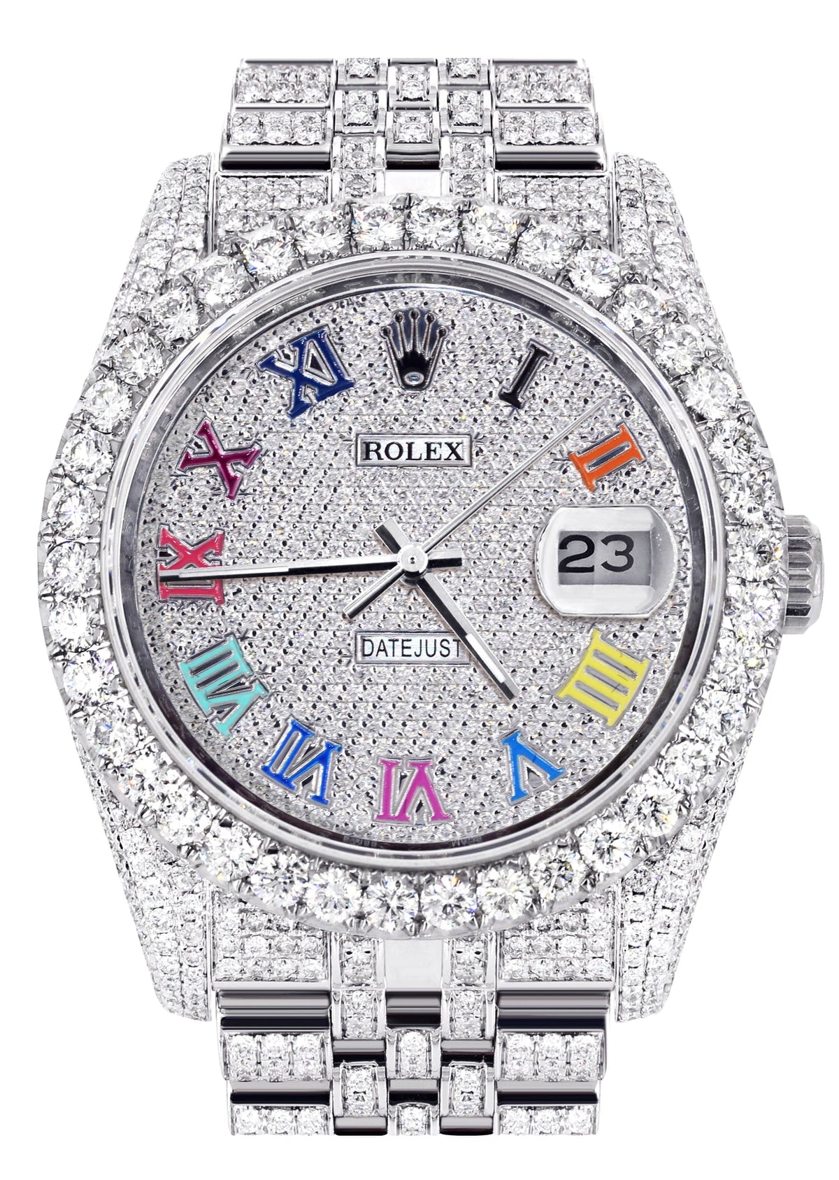 Iced Out Rolex Datejust 36 MM | Stainless Steel | 16.5 Carats of Diamonds | Full Diamond Color Roman Diamond Dial | Jubilee Band