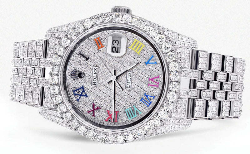 Iced Out Rolex Datejust 36 MM | Stainless Steel | 16.5 Carats of Diamonds | Full Diamond Color Roman Diamond Dial | Jubilee Band