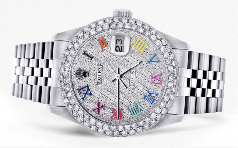 Womens Rolex Datejust Watch 16200 | 36Mm | Full Diamond Color Roman Numeral Dial | Two Row 4.25 Carat Bezel | Jubilee Band
